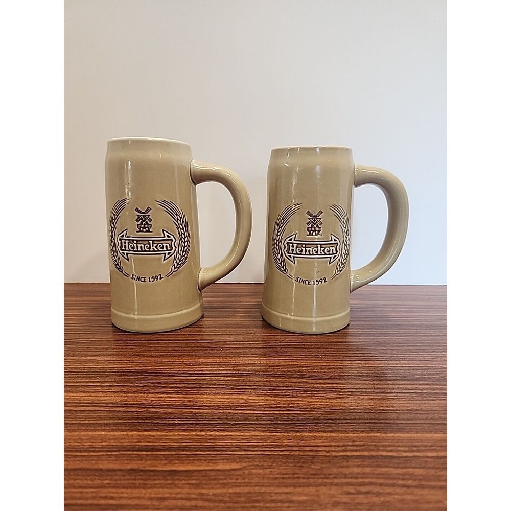 2 Vintage Heineken Beer Stein Ceramarte Brazil‎ with EMBOSSED INSIGNIA EMBLEM